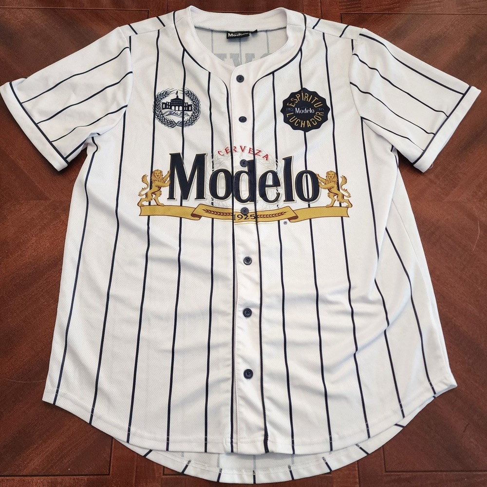 Cerveza Modelo Baseball Jersey Men Pinstripe Button-Up Short Sleeve Size Large